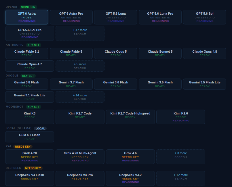 Fred model picker — providers, model tiles, and readiness states