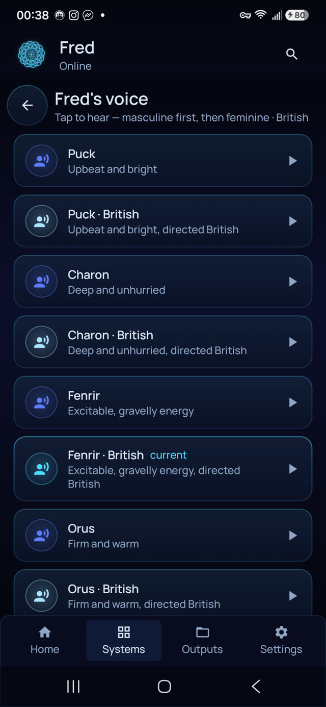 The Fred Android app voice picker — 32 voices for spoken conversation with your own local assistant