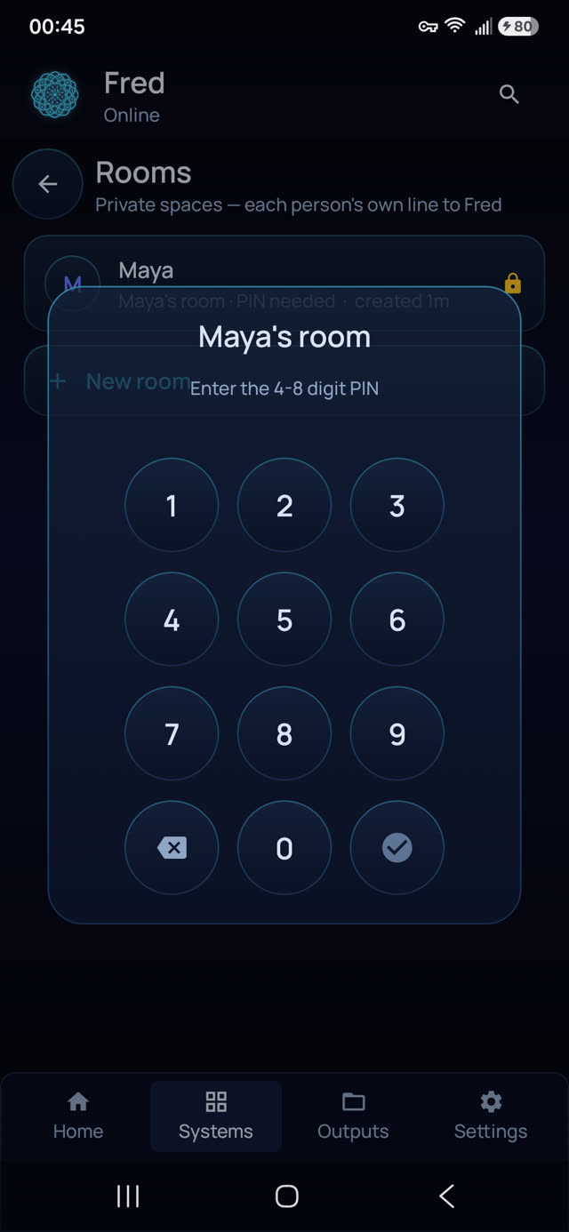 A private room's PIN keypad in the Fred phone app