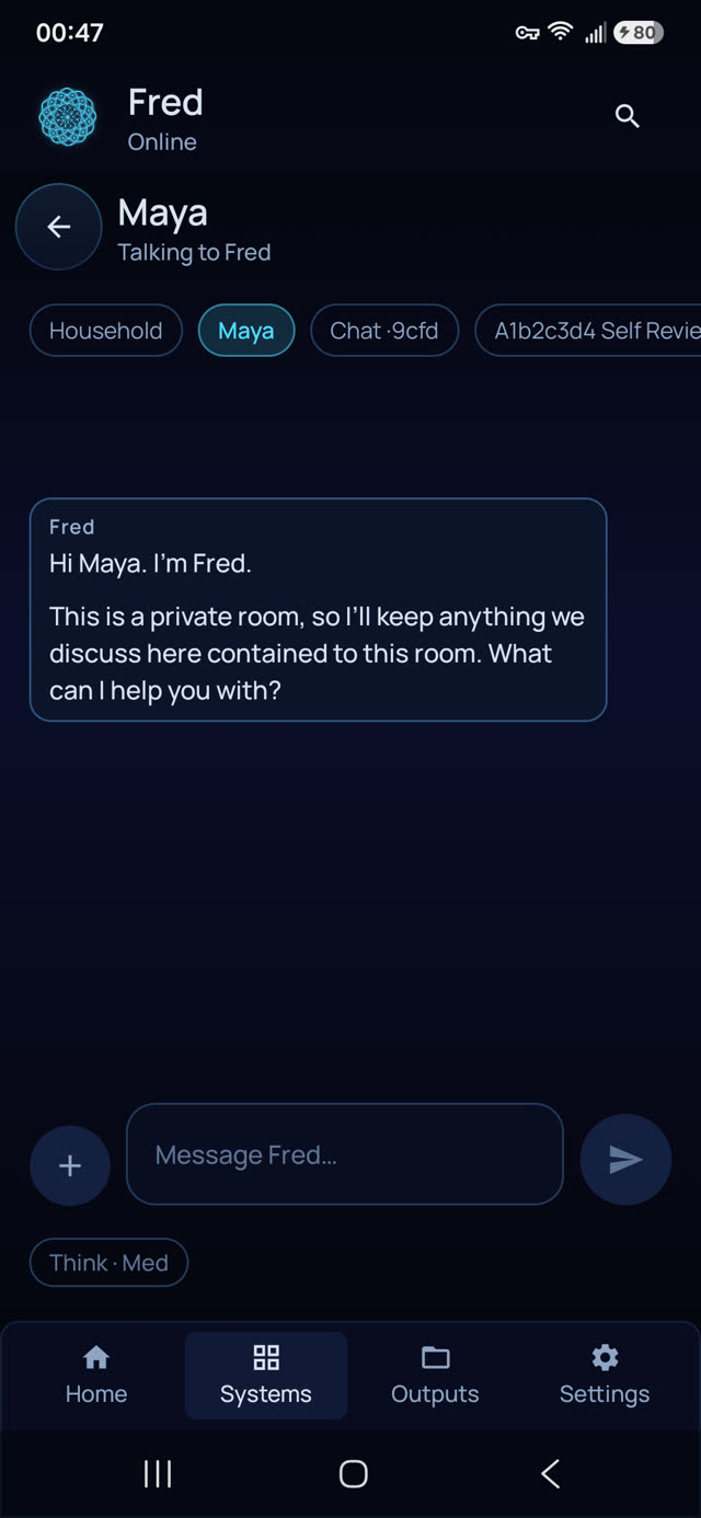 A private, PIN-locked room unlocked in the Fred phone app