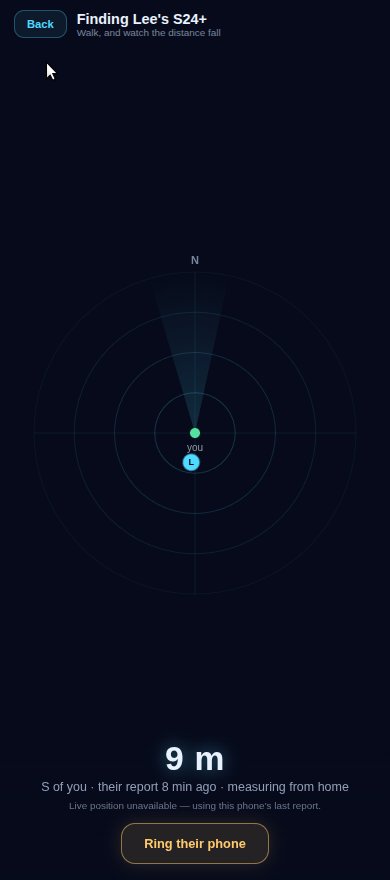 Beacon's finder radar in the Fred phone app — distance and direction to a lost phone, with the Ring their phone button
