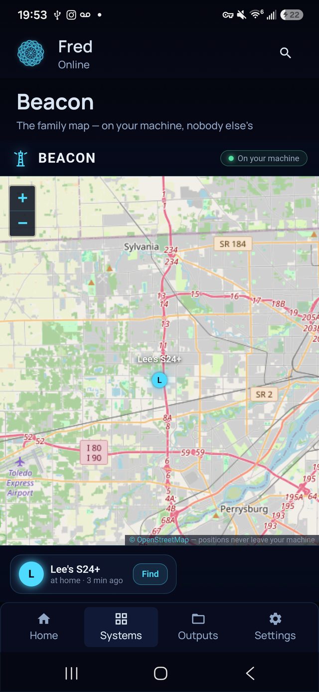 Beacon's family map in the Fred phone app — a live street map showing a family member's position, drawn on your own machine at home